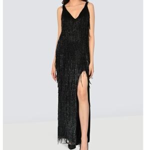 R&M Richards Black Fringe Sequined Maxi Gown w/ Slit Sz 10 Long Formal Flapper